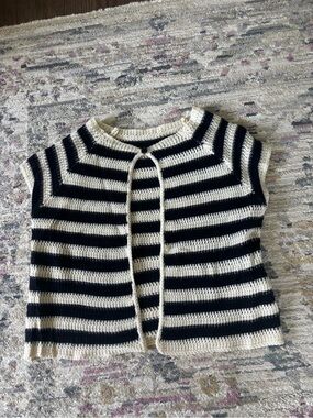 SHEIN Black and Cream Striped Crochet Open Cardigan Vest